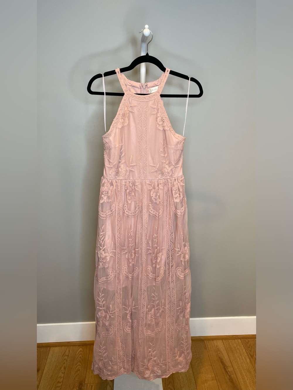 Altar'd State Blush Pink Embroidered Lace Halter Maxi Dress Wedding, Bridesmaid